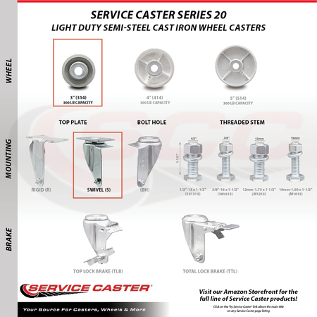 Service Caster 3 Inch Semi Steel Wheel Swivel Top Plate Caster SCC-20S314-SSS